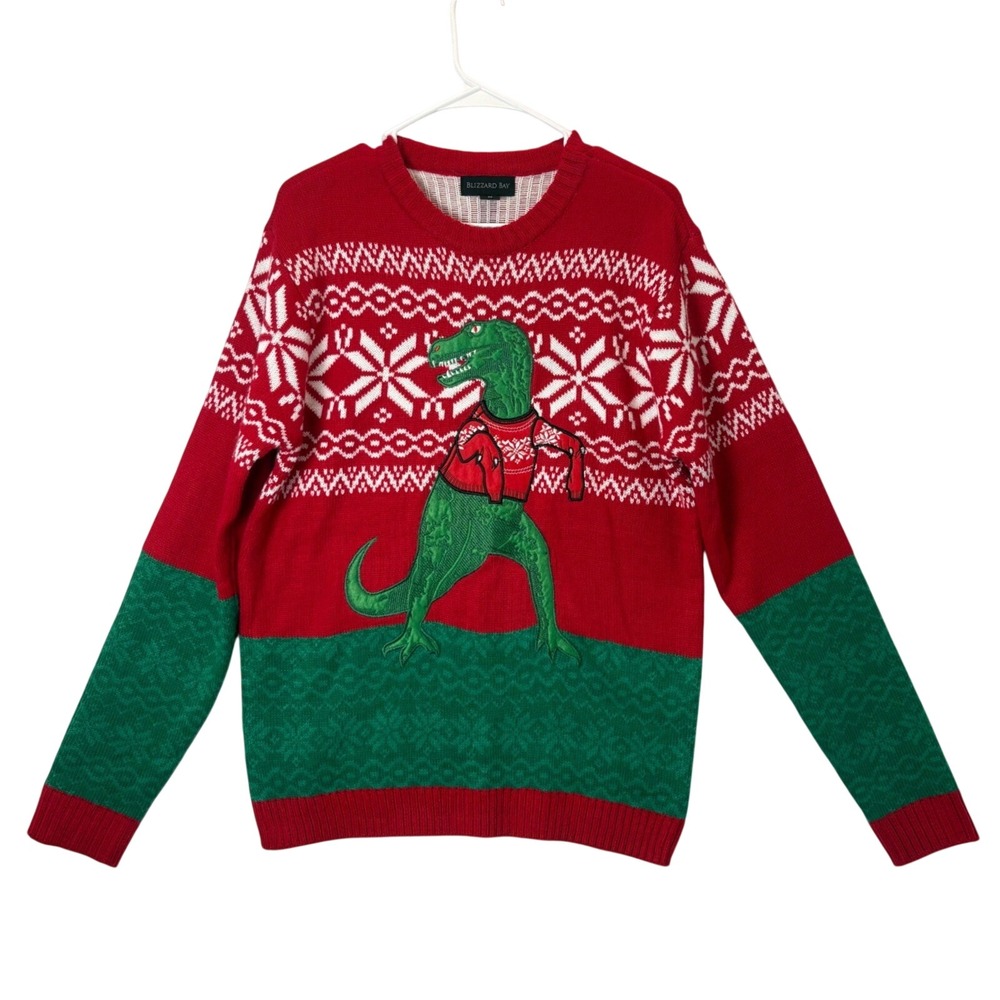 Blizzard Bay Mens Ugly Christmas Sweater T-Rex Dinosaur Fair Isle Red Green M